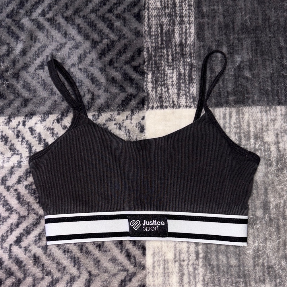 💰Justice Black Ribbed Sports Bralette with White Stripe Band